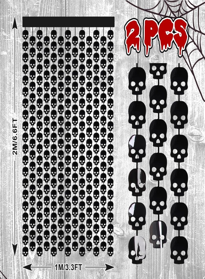 Whaline 2 Pack Halloween Black Skull Head Foil Curtains 3.3x6.6Ft Gothic Party Fringe Curtains Black Scary Skull Backdrop Tinsel Streamers Halloween Photo Booth Props for Wall Door Horror Party Decor - Image 2