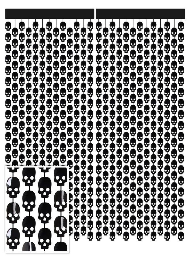 Whaline 2 Pack Halloween Black Skull Head Foil Curtains 3.3x6.6Ft Gothic Party Fringe Curtains Black Scary Skull Backdrop Tinsel Streamers Halloween Photo Booth Props for Wall Door Horror Party Decor - Image 1