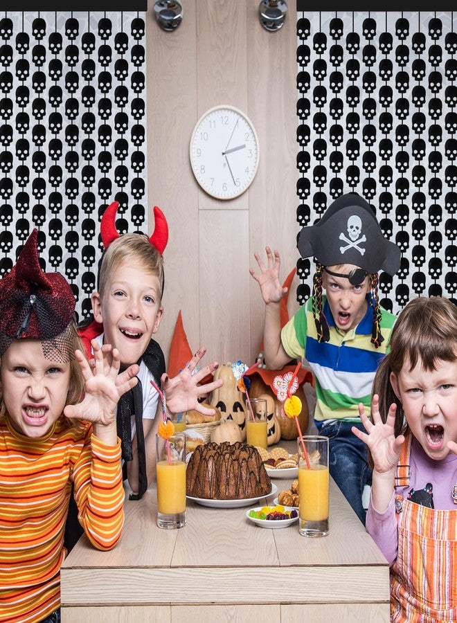 Whaline 2 Pack Halloween Black Skull Head Foil Curtains 3.3x6.6Ft Gothic Party Fringe Curtains Black Scary Skull Backdrop Tinsel Streamers Halloween Photo Booth Props for Wall Door Horror Party Decor - Image 4