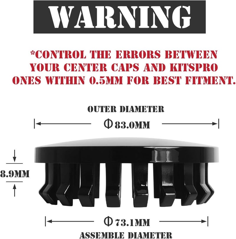 KitsPro 3.25Inch 83MM Wheel Center Caps, Pack of 4 (Gloss Black, Outer 83MM, Inner 73MM) - Image 2