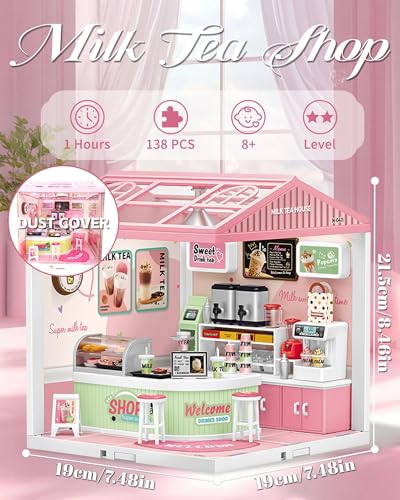Kisoy DIY Miniature House Kit BeginnerFriendly Tiny House Model with LED Light Craft Gift for Home Decor Teens AdultsMilk Tea Shop - Image 5