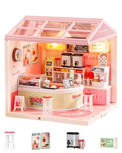 Kisoy DIY Miniature House Kit BeginnerFriendly Tiny House Model with LED Light Craft Gift for Home Decor Teens AdultsMilk Tea Shop - Image 1
