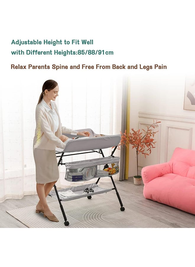 SKY-TOUCH - Portable Baby Changing Table Dresser With Wheels, Bottom Rack, Side Basket And Clothes Rail, Grey - Image 1