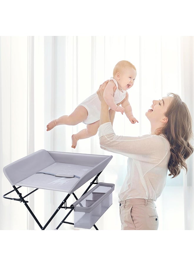 SKY-TOUCH - Portable Baby Changing Table Dresser With Wheels, Bottom Rack, Side Basket And Clothes Rail, Grey - Image 1