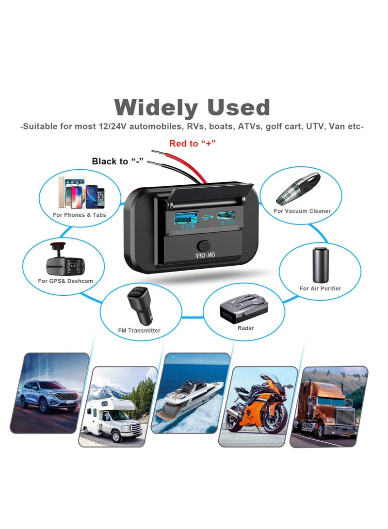 Excefore مأخذ USB، مزدوج PD3.0 نوع-C و شحن سريع QC3.0 منفذ USB-A لوح جبل للحائط، شاحن محمول USB للسيارات، لسيارات RVs، البحرية، الدراجات النارية، الشاحنات، وعربات الغولف (2 قطع) - Image 3