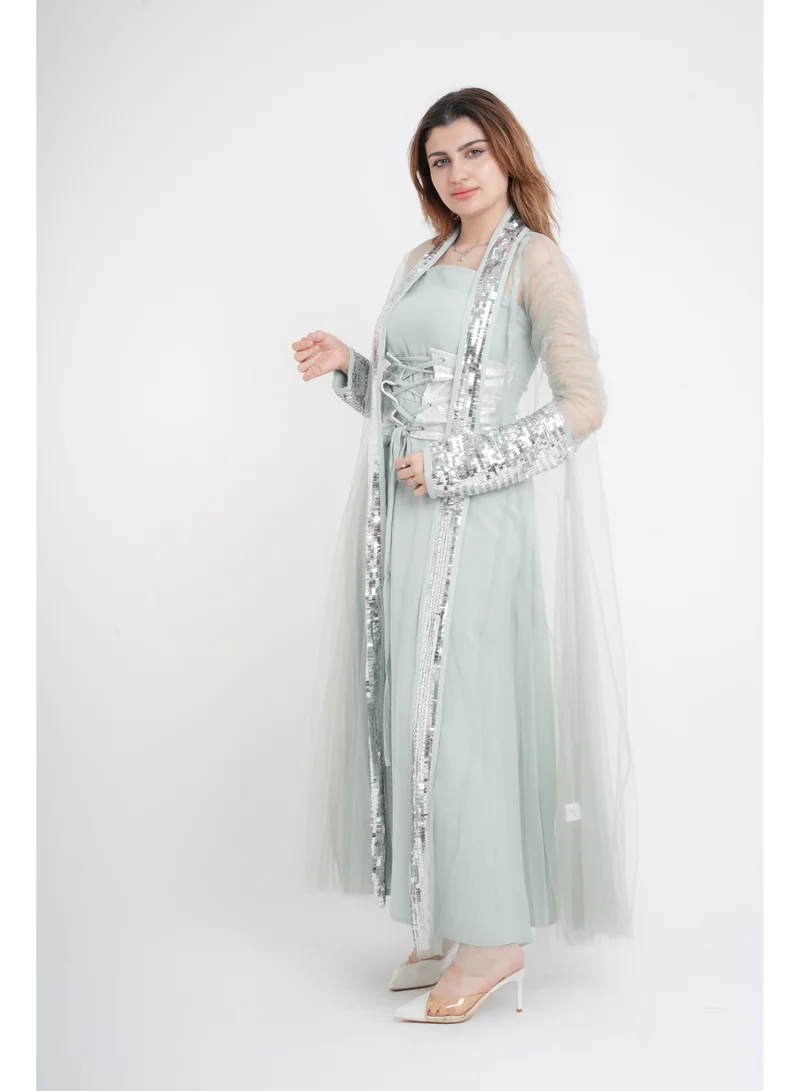 Ikkxa  Silver Glamour Sheer Sleeve Jalabiya for Women | Best Price UAE