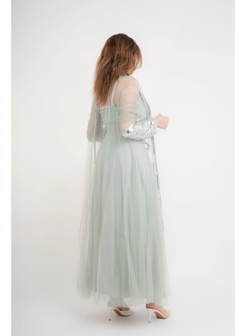 IKKXA Silver Glamour Sheer Sleeve Jalabiya