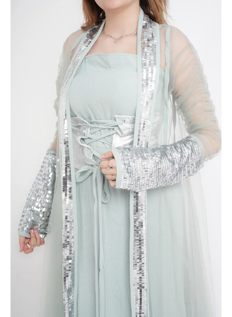 Ikkxa  Silver Glamour Sheer Sleeve Jalabiya for Women | Best Price UAE