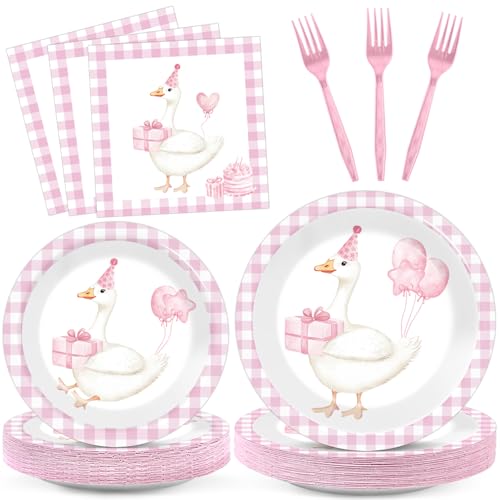 gisgfim 96Pcs One Silly Goose Plates and Napkins Party Supplies Silly Goose Tableware Set Pink 1st Birthday Party Paper Dinner Birthday Decorations Favors for 24 Guests - Image 1