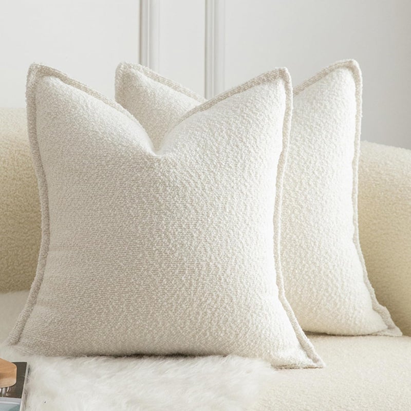 MANDIOO Pack of 2 Decorative Throw Pillow Covers Accent Solid Woven Textured Cushion Covers Pillow Cases Bedroom Living Room Sofa Home 18 x 18 Inch Cream White - Image 1