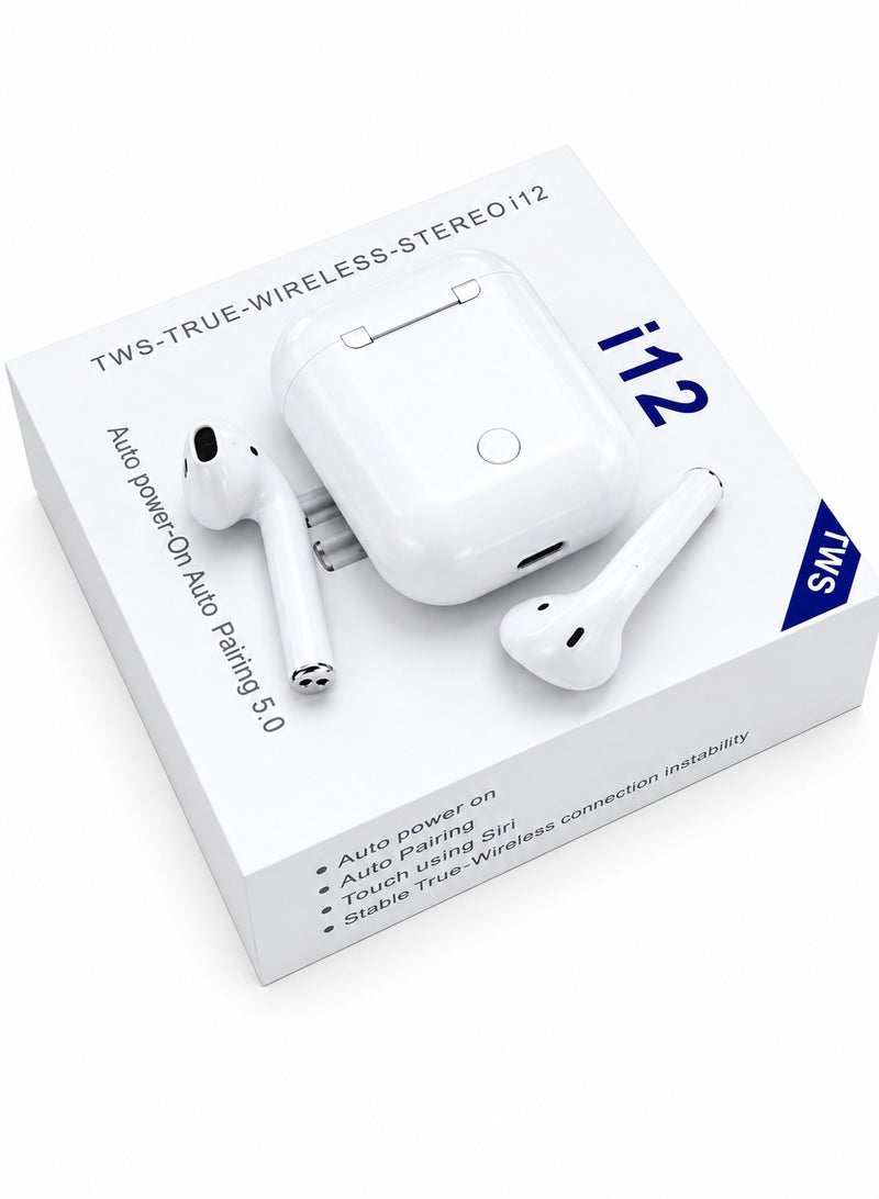 سماعات i12 TWS لاسلكية حقيقية بتقنية البلوتوث مع علبة شحن | سماعات أذن ستيريو بتقنية Bluetooth 5.0 | اقتران تلقائي | ميكروفون عالي الدقة | تحكم باللمس | صوت HiFi مع جهير قوي | تقليل الضوضاء | سماعات لاسلكية لهواتف Android وiPhone | أبيض - Image 2