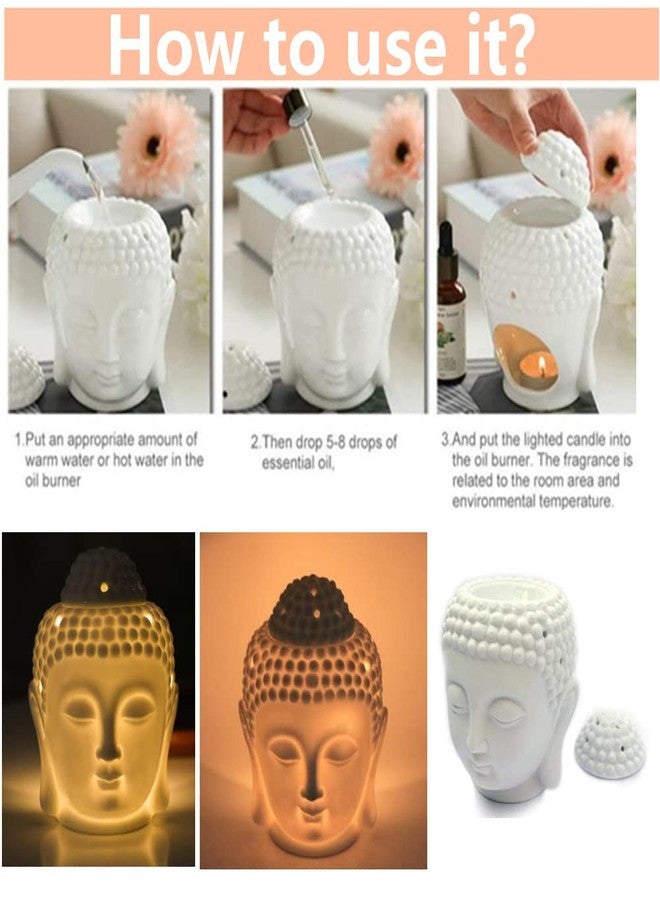 Ebonee Ceramic Buddha Head Essential Oil Burner with Candle Spoon for Yoga Spa, Aromatherapy Wax Melt Burners Oil Diffuser Tealight Candle Holder for Bedroom Home Garden Decor (White) - Image 4