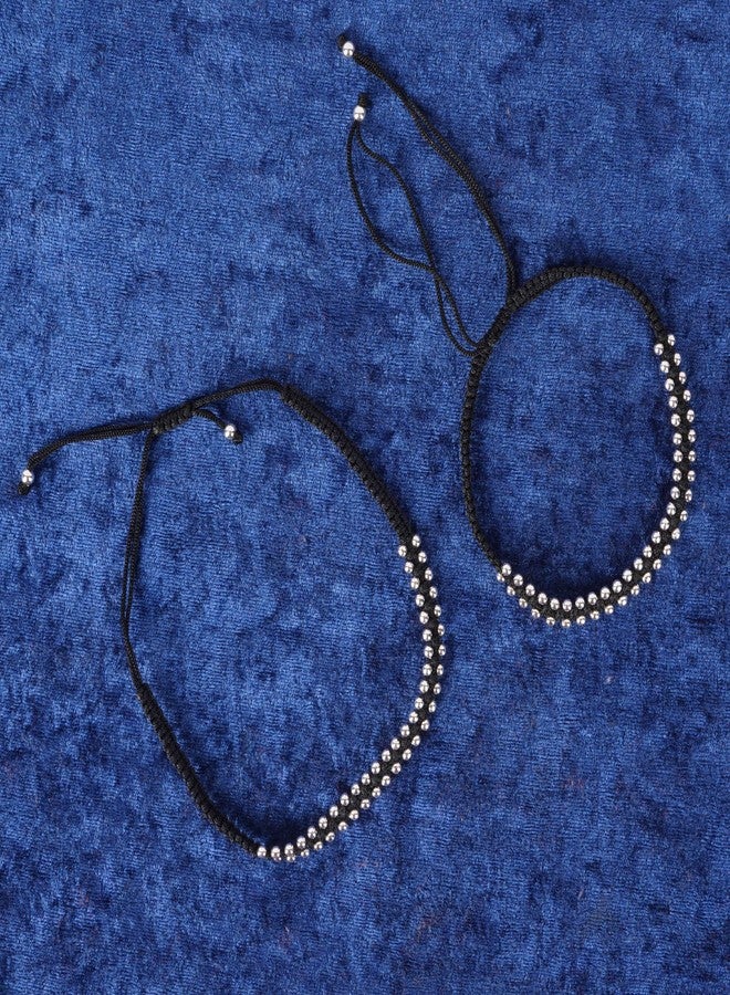 DHRUVS COLLECTION Exclusive Designed Pair Of 925 Sterling Silver Designer Adjustable Black Thread Nazariya Anklet With With 100 Silver Balls For Girls And Women - 8 Grams - Image 5