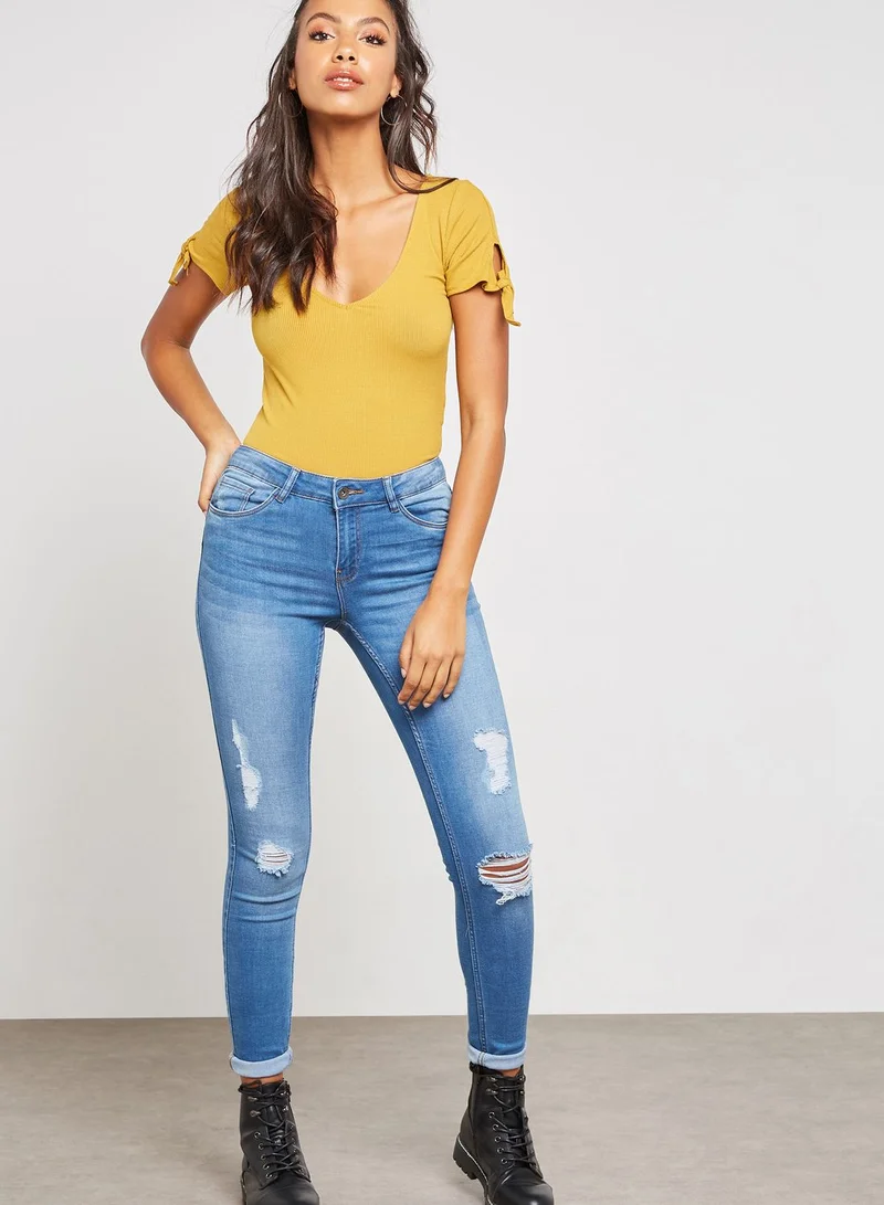 FOREVER 21 Ribbed Knot Sleeve Top