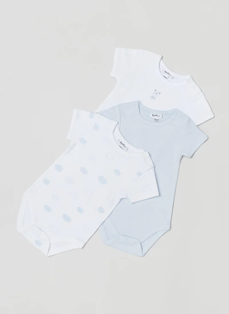 او في اس Ovs Three-Pack Cotton Bodysuits With Clouds Print