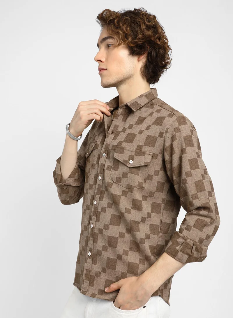 كامبوس سوترا Men's Chocolate Brown Cubic Utility Shirt