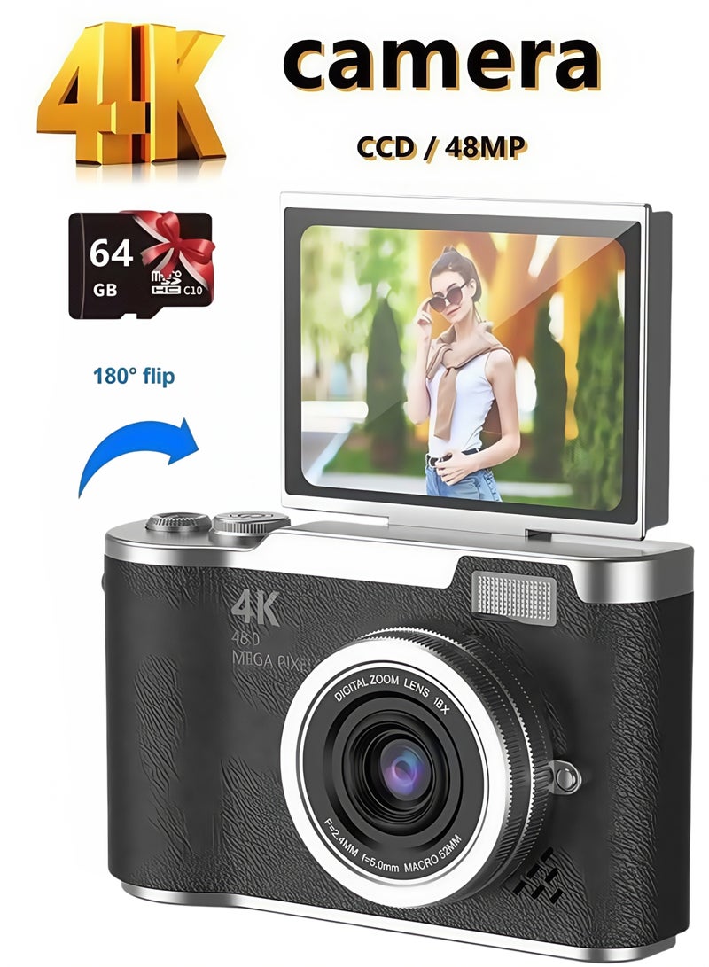 LAYRA 4k CCD Digital Zoom Student Digital Camera 48MP Portable Digital Photography Camera 180° Flip Screen Selfie Camera，with 64GB SD card  - Image 1