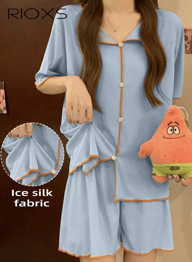 RIOXS Women's 2PCS Summer Pajamas Set, Short Sleeve Button Down Shirt with Elastic Waist Shorts, Skin-friendly Soft Sleepwear, Cozy Stylish Loungewear  - Image 4