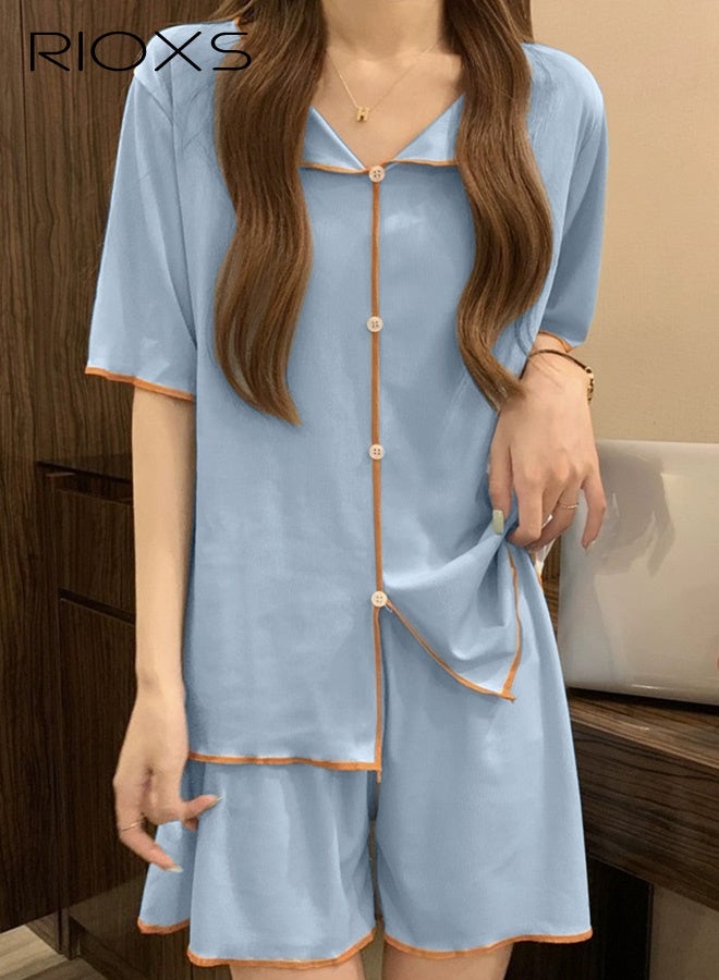 RIOXS Women's 2PCS Summer Pajamas Set, Short Sleeve Button Down Shirt with Elastic Waist Shorts, Skin-friendly Soft Sleepwear, Cozy Stylish Loungewear  - Image 1