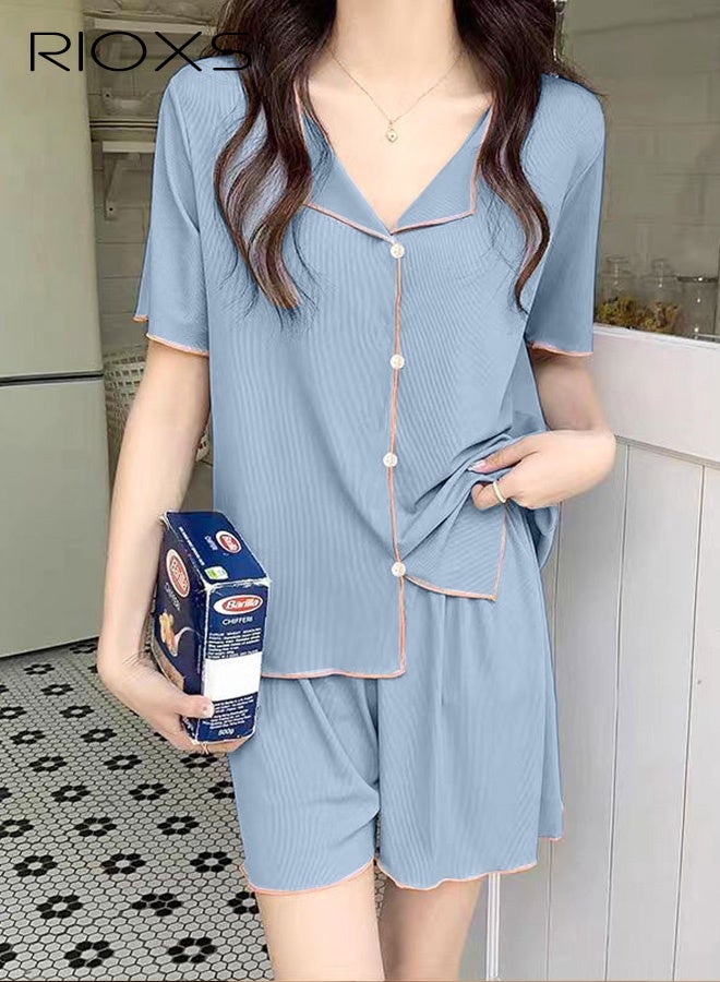 RIOXS Women's 2PCS Summer Pajamas Set, Short Sleeve Button Down Shirt with Elastic Waist Shorts, Skin-friendly Soft Sleepwear, Cozy Stylish Loungewear  - Image 2