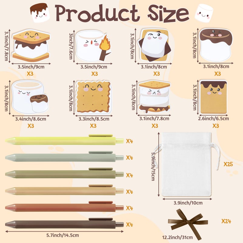 CJiangpo 24 Pack Marshmallow Sticky Note Pad with Pen Gift Set, Cute Self Stick Notepad Memo Pads Ballpoint Pens with Organza Bags, Funny Classroom Rewards Camping Themed Party Favor Gift for Kids - Image 2
