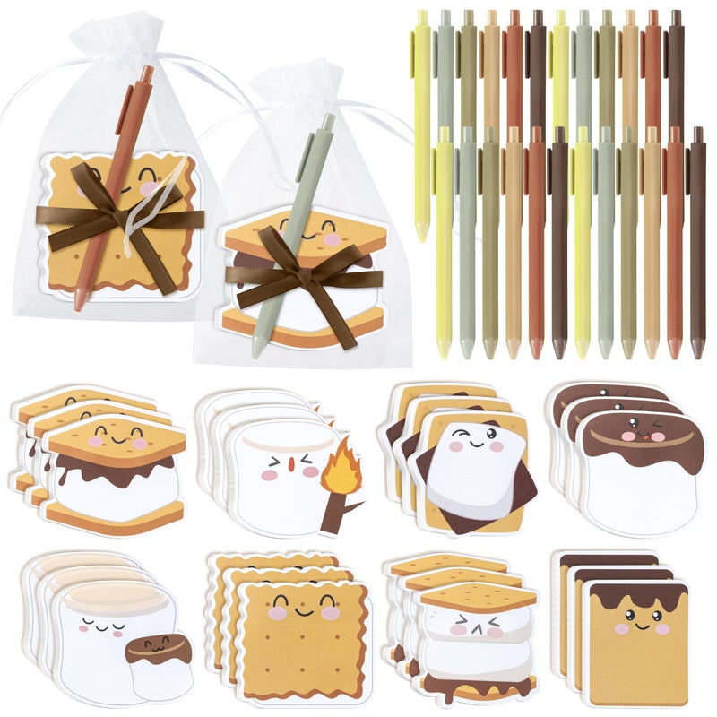 CJiangpo 24 Pack Marshmallow Sticky Note Pad with Pen Gift Set, Cute Self Stick Notepad Memo Pads Ballpoint Pens with Organza Bags, Funny Classroom Rewards Camping Themed Party Favor Gift for Kids - Image 1