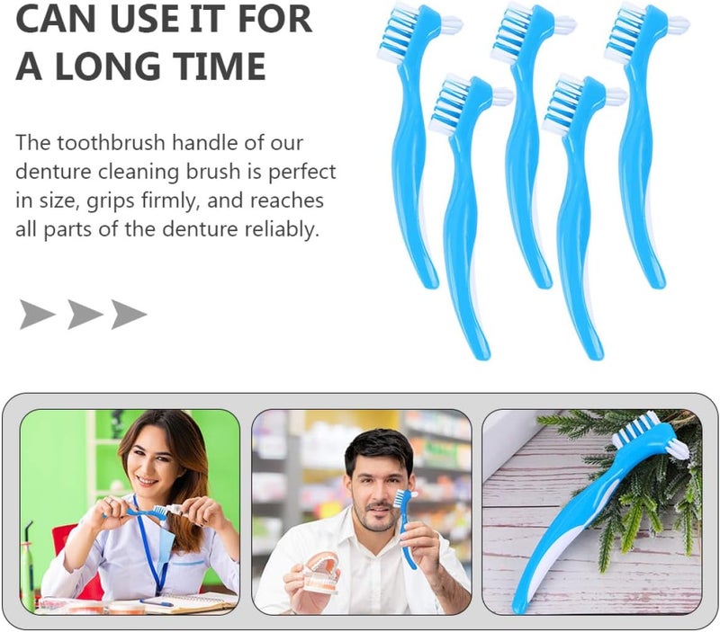 Denture Toothbrush Double Head Blue 5pcs Set False Teeth Cleaning Brush Home Denture Care Tool for Comfortable Oral Hygiene - Image 3