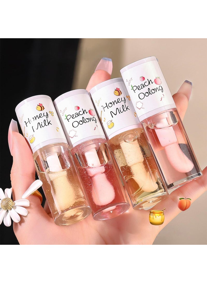 Pakivs 4PCS Hydrating Clear Lip OilJelly Honey Lip Gloss OilKorean Big Brush Lip OilLonglasting Moisturizing Nourishing Lip BalmPlumping Lip Fresh Texture Clear Lip GlossMakeup Lip Care Tools 