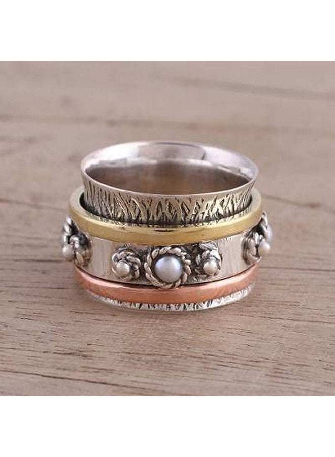 NOVICA Artisan Handcrafted .925 Sterling Silver Cultured Freshwater Pearl Meditation Spinner Ring With Brass Copper Metallic Tone White Band India Birthstone [Band Width 13 Mm W] 'Spinning Blossom' - Image 4