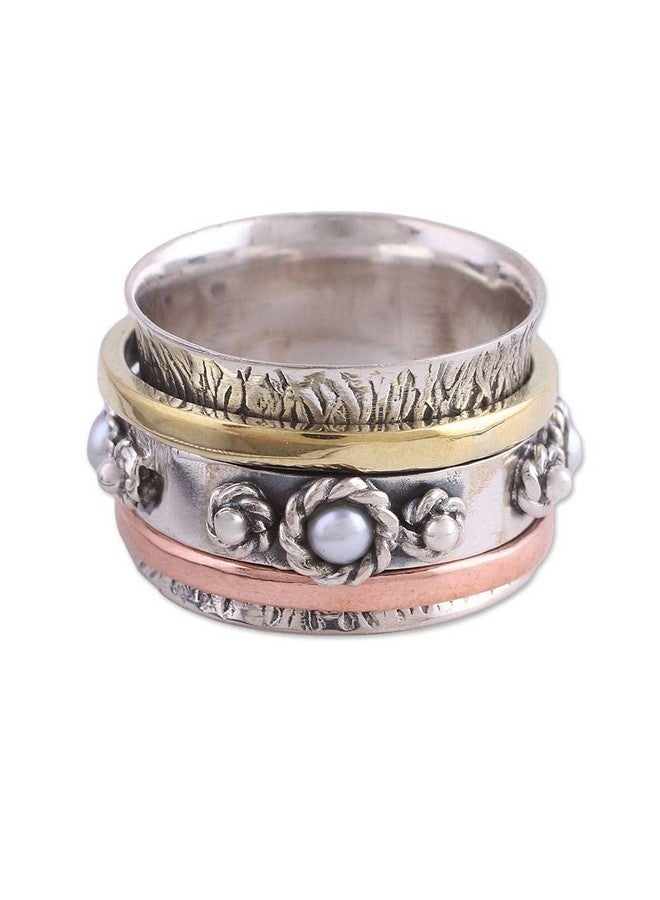 NOVICA Artisan Handcrafted .925 Sterling Silver Cultured Freshwater Pearl Meditation Spinner Ring With Brass Copper Metallic Tone White Band India Birthstone [Band Width 13 Mm W] 'Spinning Blossom' - Image 1