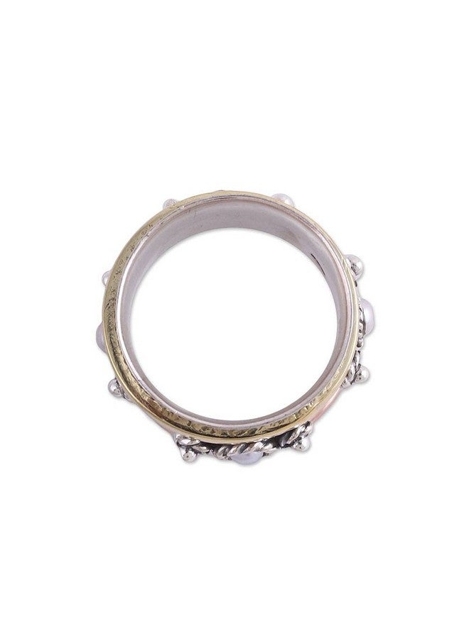 NOVICA Artisan Handcrafted .925 Sterling Silver Cultured Freshwater Pearl Meditation Spinner Ring With Brass Copper Metallic Tone White Band India Birthstone [Band Width 13 Mm W] 'Spinning Blossom' - Image 3