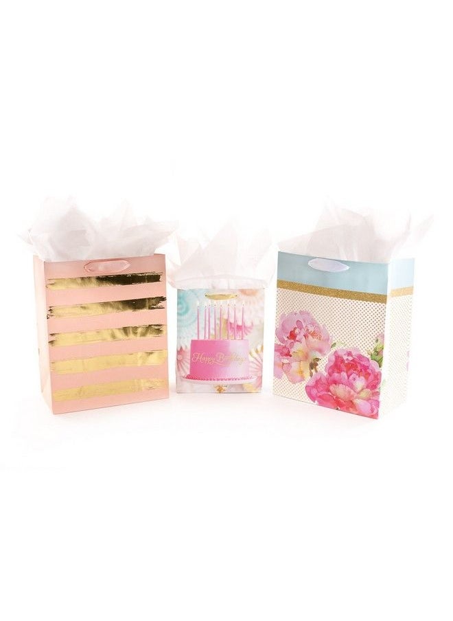 Hallmark - Assorted Birthday Gift Bag Bundle With Tissue Paper (1 Medium And 2 Large Bags Gold And Pink) - Image 1