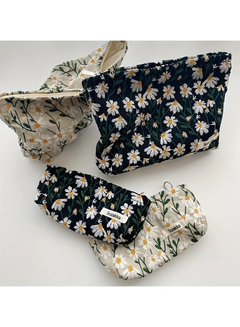 سوزاكا حقيبة مكياج واسعة مطرزة بالزهور مع سحاب إغلاق، مثالية للسفر وتنظيم فرش المكياج ومستلزمات النظافة - Image 5