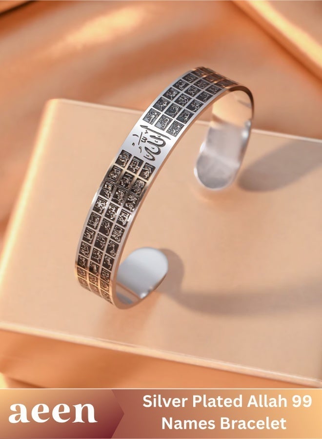 aeen Silver Plated Stainless Steel Allah 99 Names Islamic Bracelet, Adjustable Arabic Calligraphy Bracelet, Muslim Religious Jewellery for Men and Women, Eid Gift - Image 1