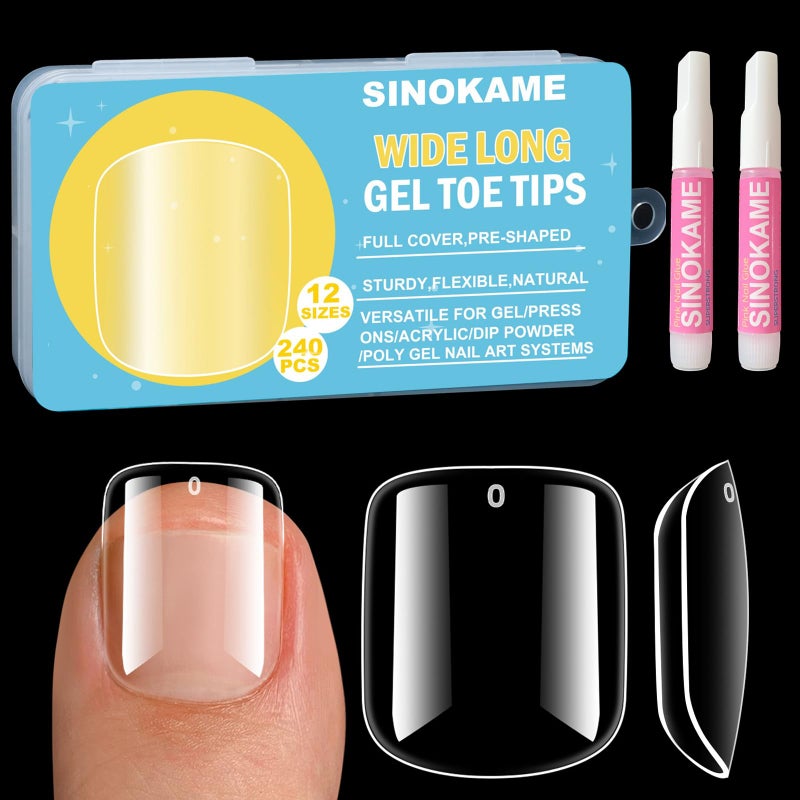 Wide Long Large Gel Toe Nail Tips SINOKAME Big Fake Toenails Full Cover Nail Glue Kit For WomenMen Clear Press on Toenails Longlasting240Pcs 12 Sizes Up to 10 Pedicures
