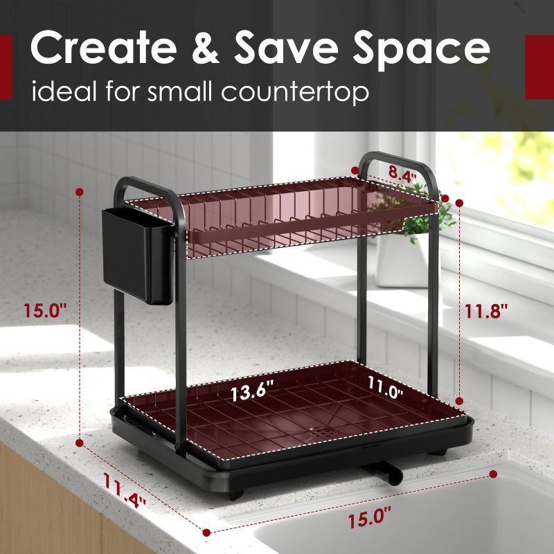 Sakugi Dish Drying Rack - Stainless Steel Dish Rack for Kitchen Counter, 2-Tier Kitchen Organizers and Storage Rack with Drainboard and Cutlery Holder, Large, Black - Image 2