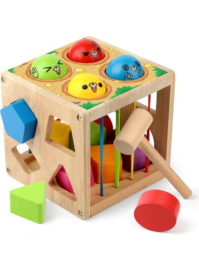 MAGIC VAULT لعبة مكعب فرز الأشكال الخشبي من مونتيسوري مع مطرقة للأطفال الصغار، لعبة تعليم المهارات الحركية الدقيقة للأطفال من عمر 1-3 سنوات - Image 1