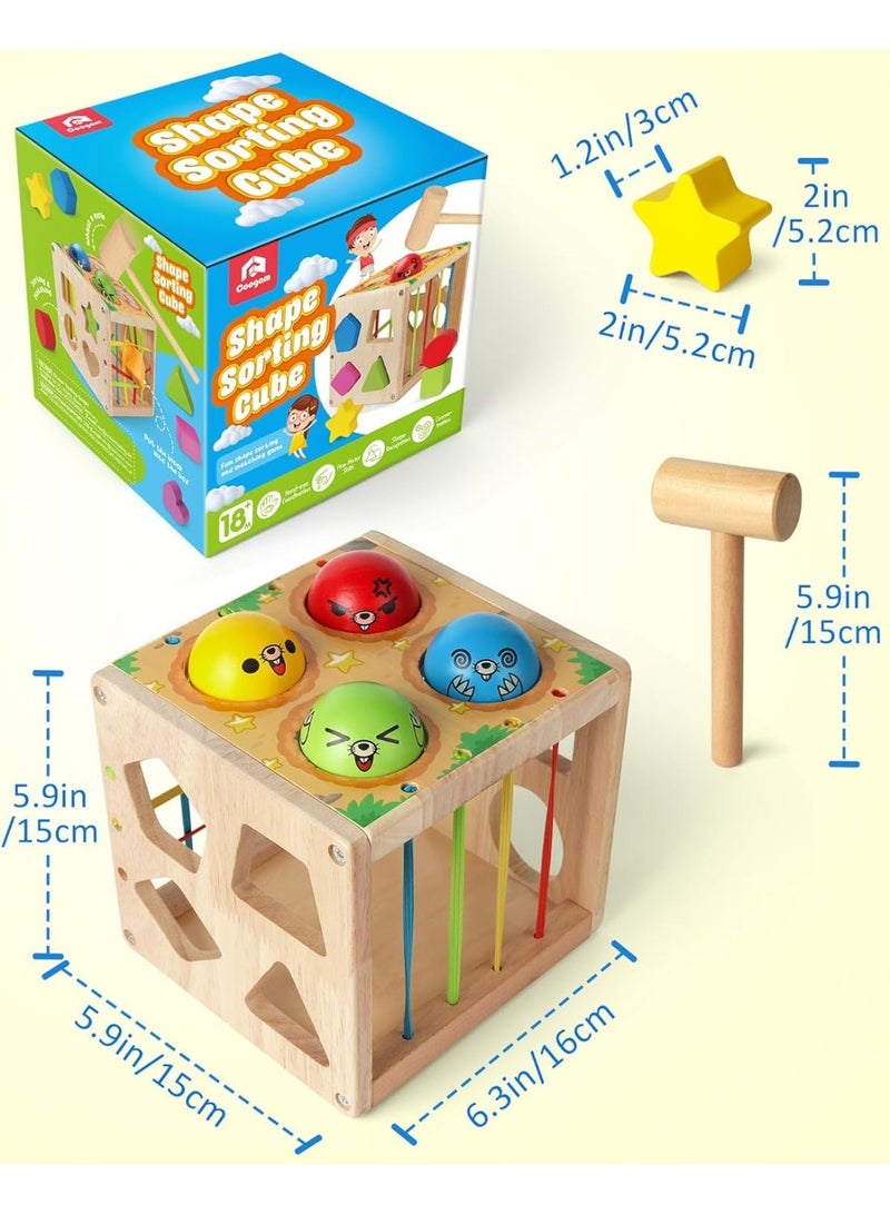 MAGIC VAULT لعبة مكعب فرز الأشكال الخشبي من مونتيسوري مع مطرقة للأطفال الصغار، لعبة تعليم المهارات الحركية الدقيقة للأطفال من عمر 1-3 سنوات - Image 2