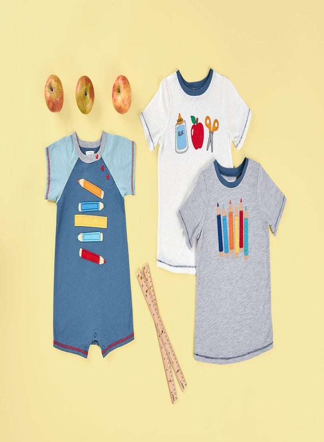 Mud Pie Back to School Pencil and Ruler Baby Boy Shortall, Blue, 3-6 Months - Image 2