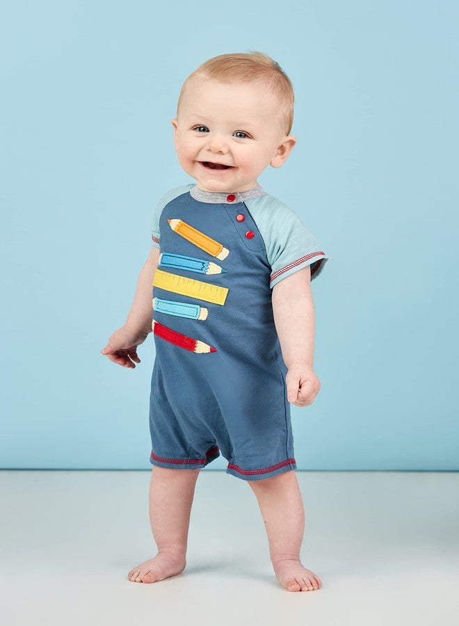 Mud Pie Back to School Pencil and Ruler Baby Boy Shortall, Blue, 3-6 Months - Image 3