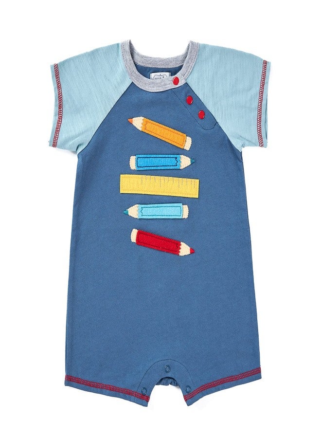 Mud Pie Back to School Pencil and Ruler Baby Boy Shortall, Blue, 3-6 Months - Image 1