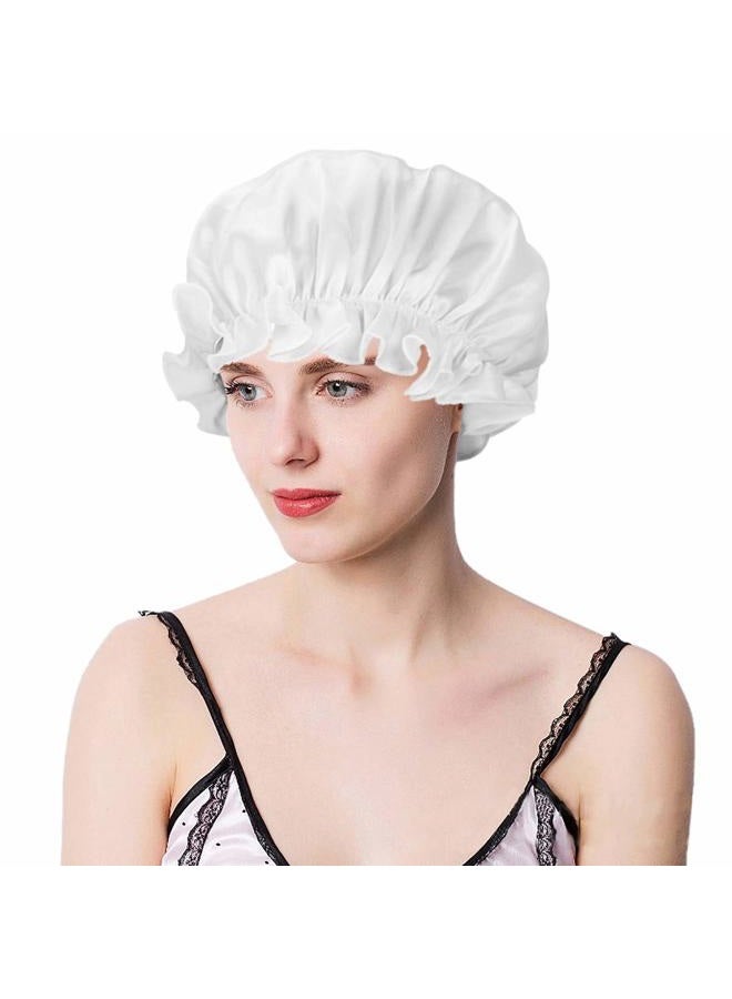 moonsix Women's Natural Silk Night Cap Satin Sleep Caps Elastic Head Cover Bonnet for Hair Care,Elastic,White - Image 2