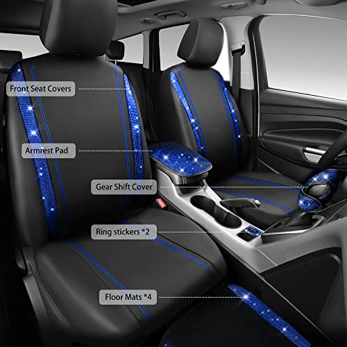 CAR PASS Bling Diamond Car Seat Covers Blue Rhinestone Black Leather Shining Car Floor Mats Carpet with AntiSlip Nibs Shining Car Accessories Sets Glitter Sparkly Crystal Universal Fit for Girl Women - Image 3