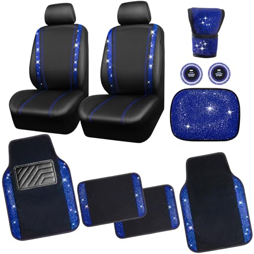 CAR PASS Bling Diamond Car Seat Covers Blue Rhinestone Black Leather Shining Car Floor Mats Carpet with AntiSlip Nibs Shining Car Accessories Sets Glitter Sparkly Crystal Universal Fit for Girl Women - Image 1