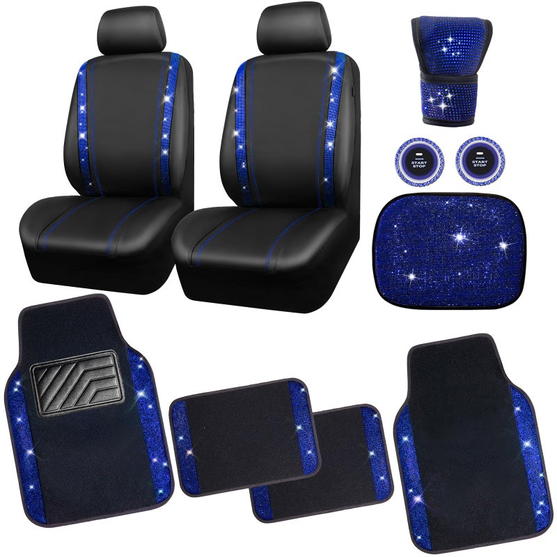 CAR PASS Bling Diamond Car Seat Covers Blue Rhinestone Black Leather Shining Car Floor Mats Carpet with AntiSlip Nibs Shining Car Accessories Sets Glitter Sparkly Crystal Universal Fit for Girl Women - Image 3