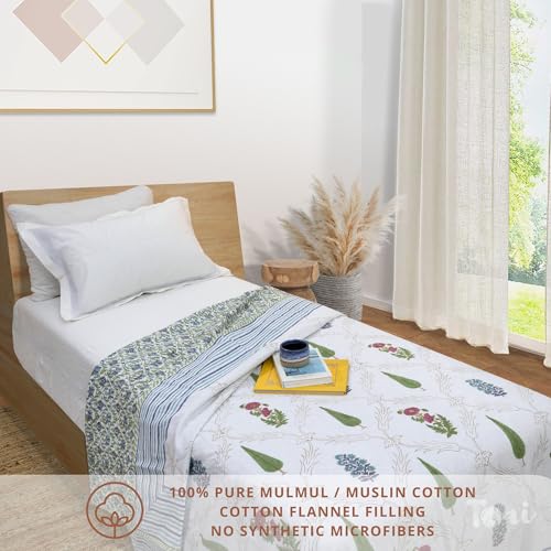 TOAIArt Premium Jaipuri Dohar | AC Blanket Summer Quilt | Hand Block Printed | 3 Layers | Reversible | 150GSM 100% Mulmul Cotton | 100% Cotton Flannel Filling | Single 60" X 90" |Adil Jaal - Image 2