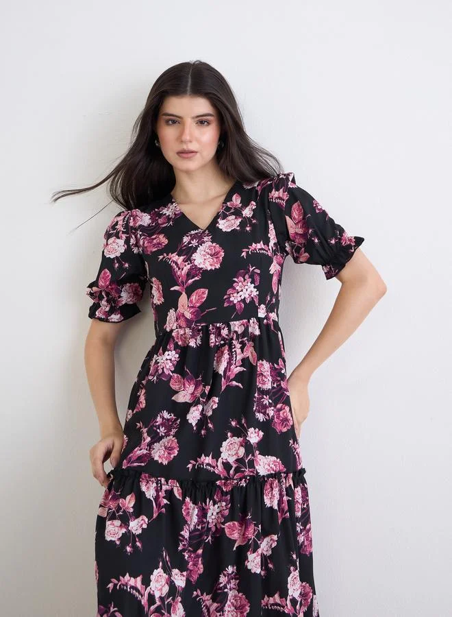 Styli  Styli Black Floral Puff Sleeves Maxi Dress for Women | Best Price UAE