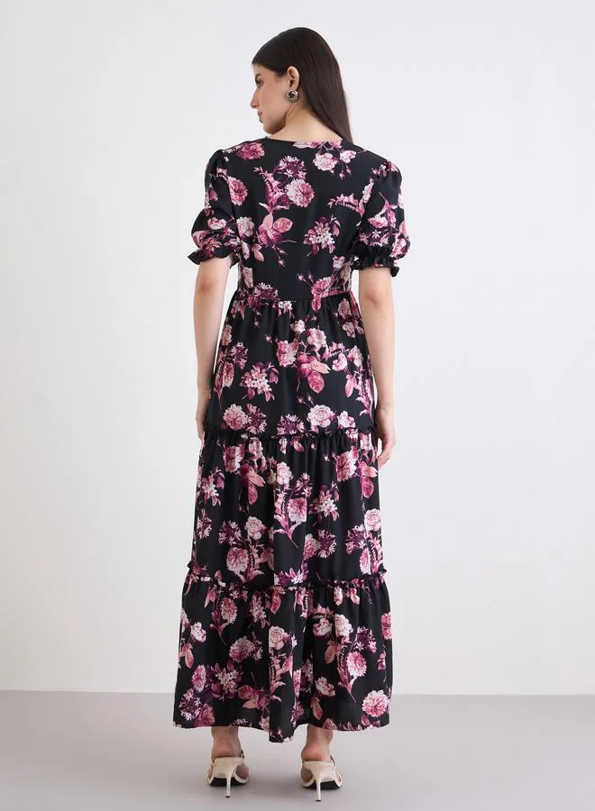Styli  Styli Black Floral Puff Sleeves Maxi Dress for Women | Best Price UAE