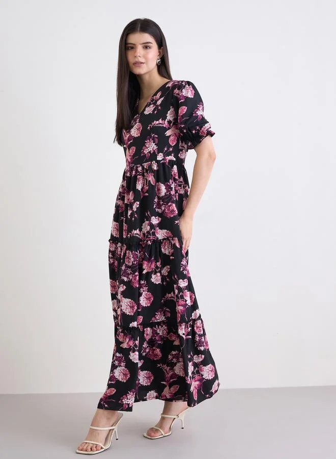 Styli  Styli Black Floral Puff Sleeves Maxi Dress for Women | Best Price UAE