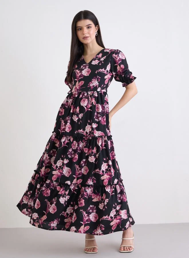 Styli Black Floral Puff Sleeves Maxi Dress